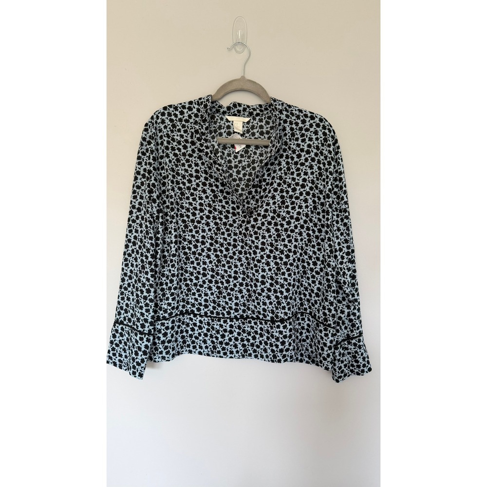 H&M NWT Teal Blue Floral Blouse Black Piping 4 Button Collar Women's 10